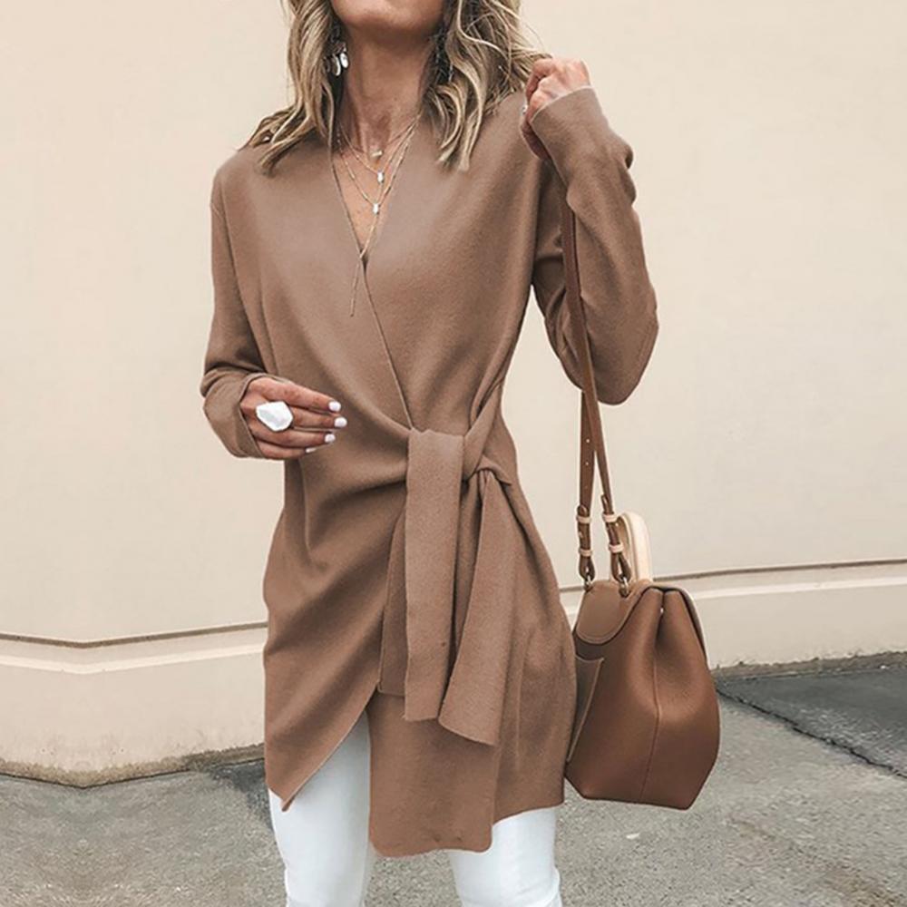 Women's Wrap Front Cardigan – V-Neck Tie Waist Long Sleeve Cardigan