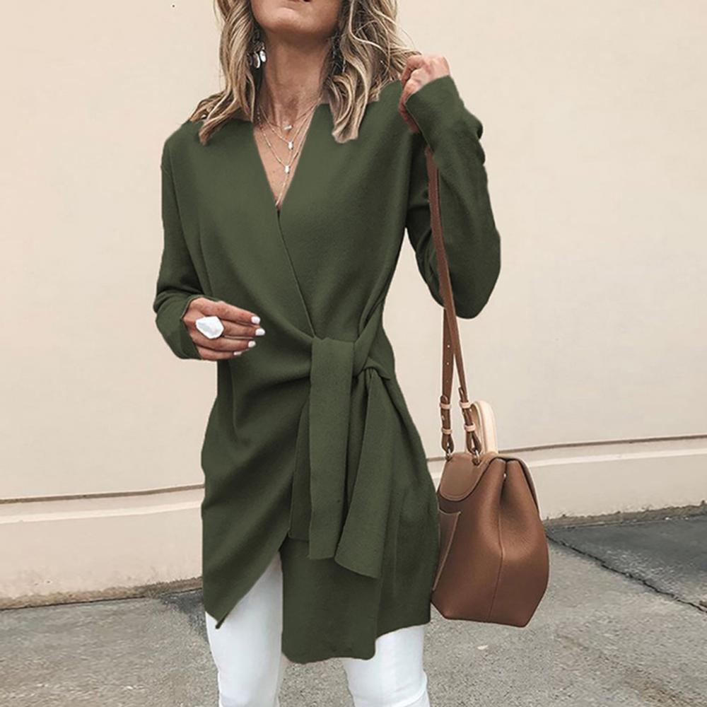 Women's Wrap Front Cardigan – V-Neck Tie Waist Long Sleeve Cardigan