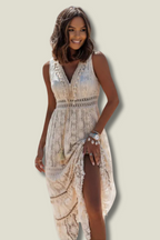 Women's Boho Maxi Dress – V-Neck Tassel Detail Sleeveless Dress
