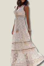 Women's Boho Maxi Dress – V-Neck Tassel Detail Sleeveless Dress