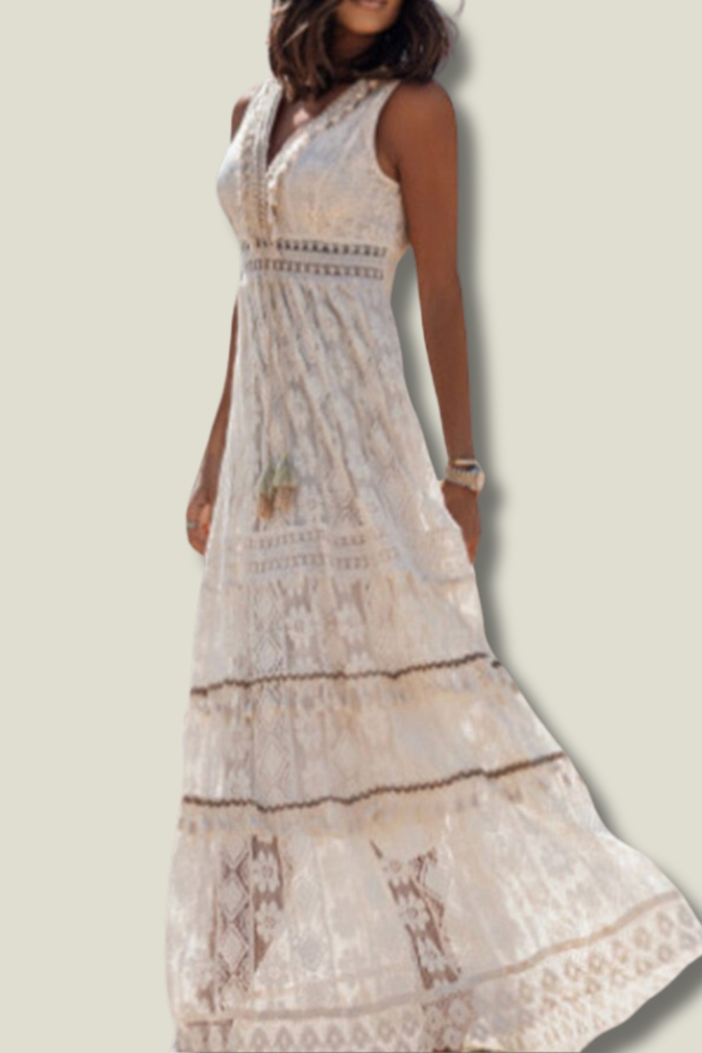 Women's Boho Maxi Dress – V-Neck Tassel Detail Sleeveless Dress