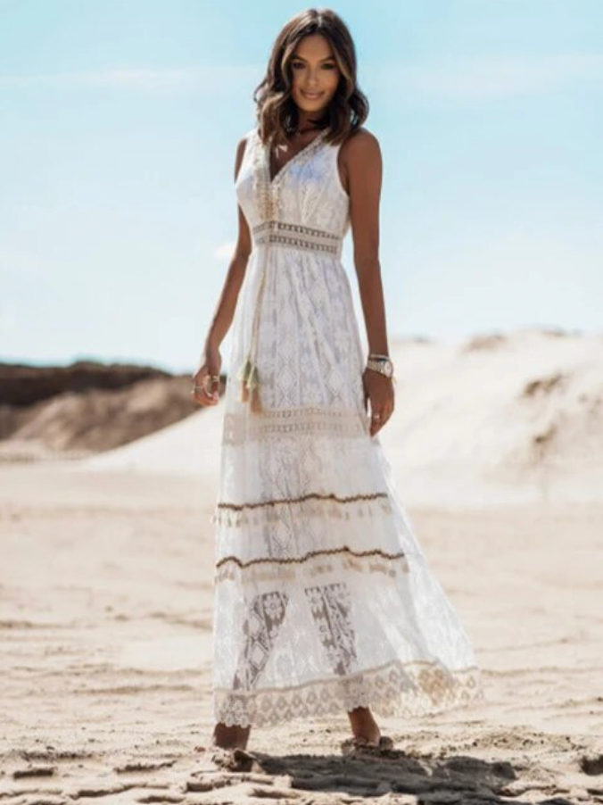 Women's Boho Maxi Dress – V-Neck Tassel Detail Sleeveless Dress