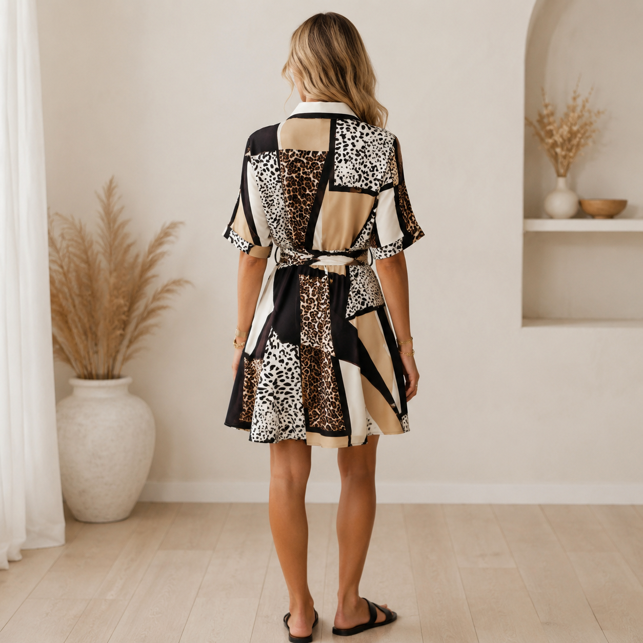 Women's Leopard Print Shirt Dress – Button Down Belted Long Sleeve Dress