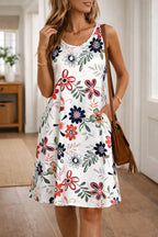 Women's Floral A-Line Midi Dress – Sleeveless Round Neck Pocket Dress