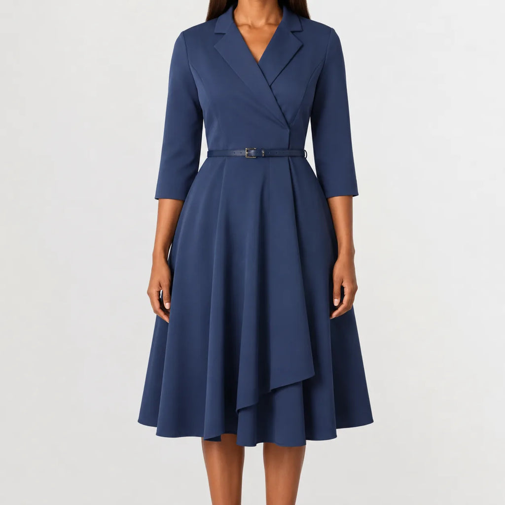 Women's V-Neck Belted A-Line Dress – Three Quarter Sleeve Casual Dress