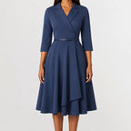 Women's V-Neck Belted A-Line Dress – Three Quarter Sleeve Casual Dress