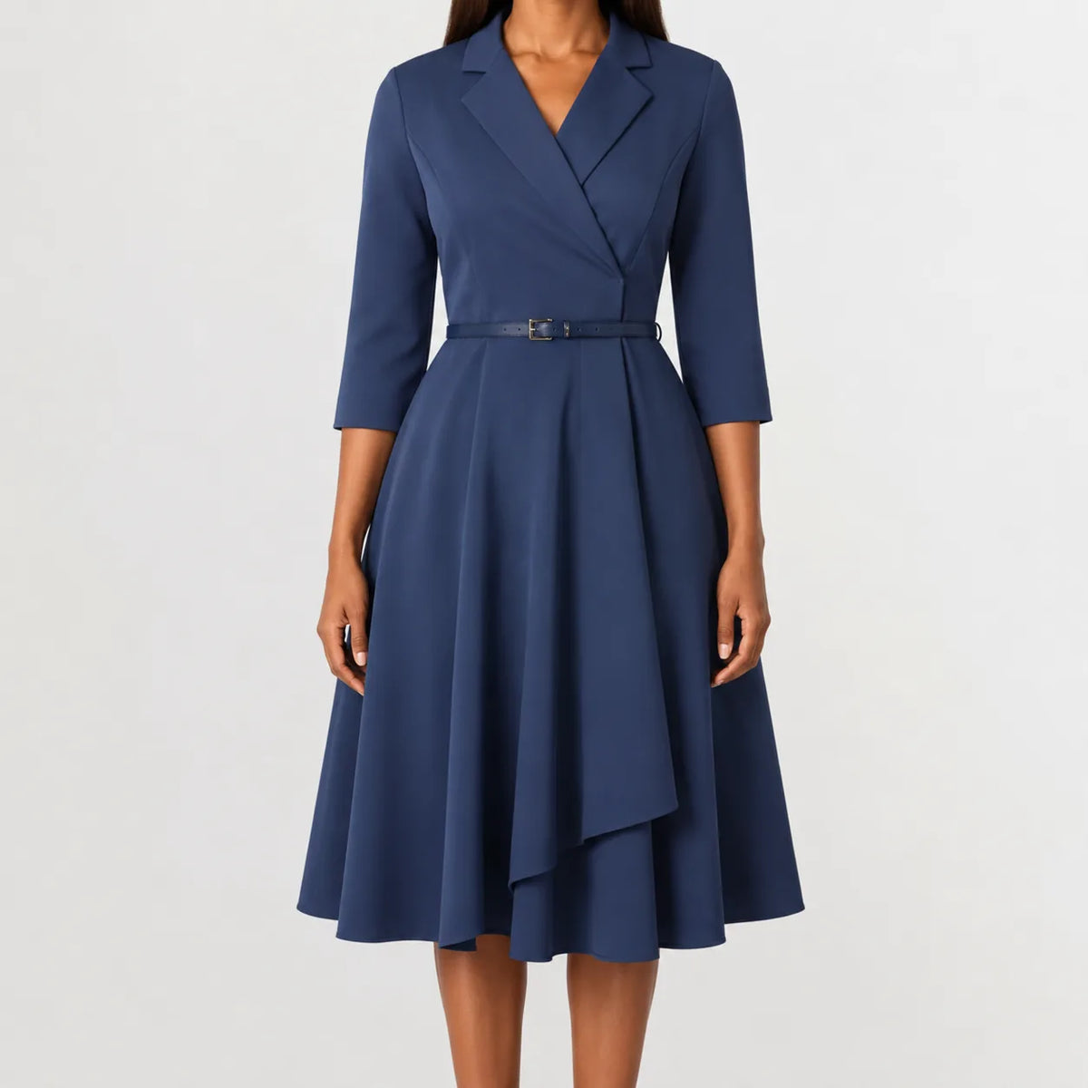 Women's V-Neck Belted A-Line Dress – Three Quarter Sleeve Casual Dress