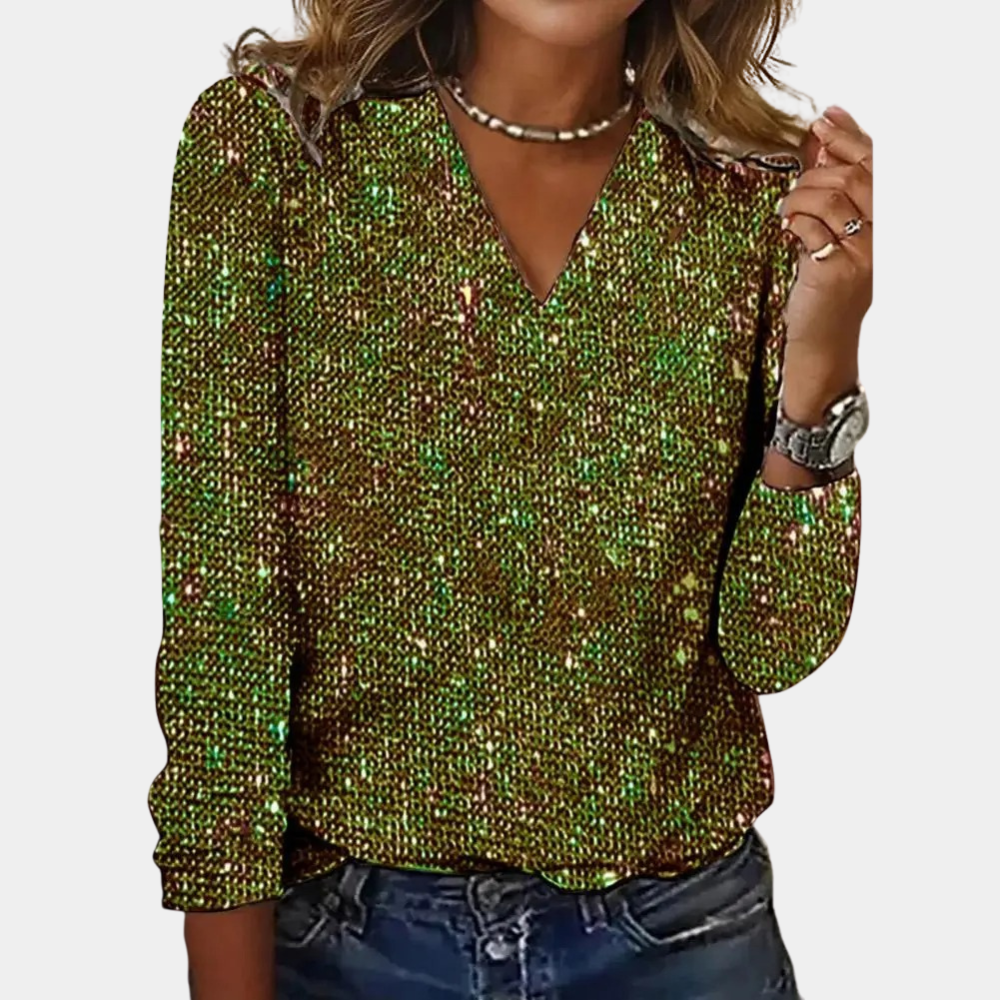 Women's V-Neck Sequin Blouse – Glitter Sparkly Party Blouse