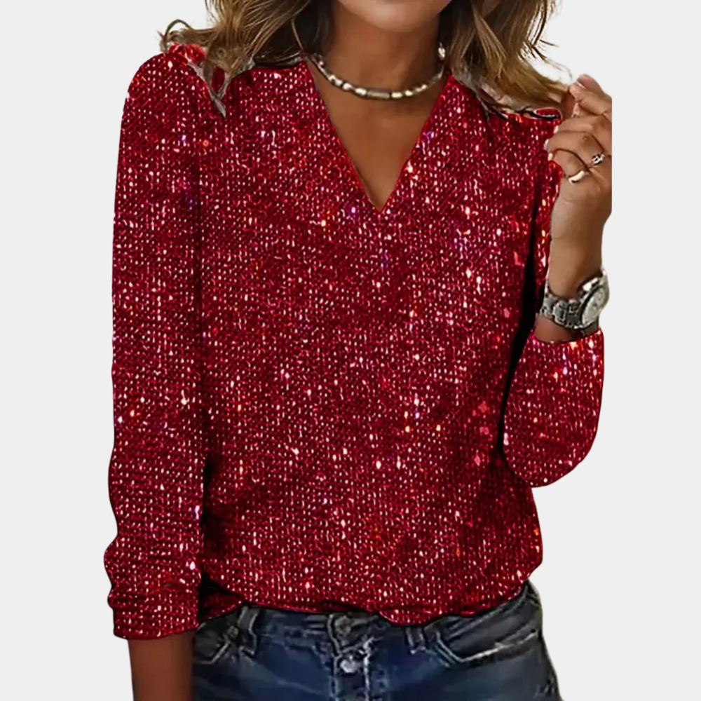 Women's V-Neck Sequin Blouse – Glitter Sparkly Party Blouse