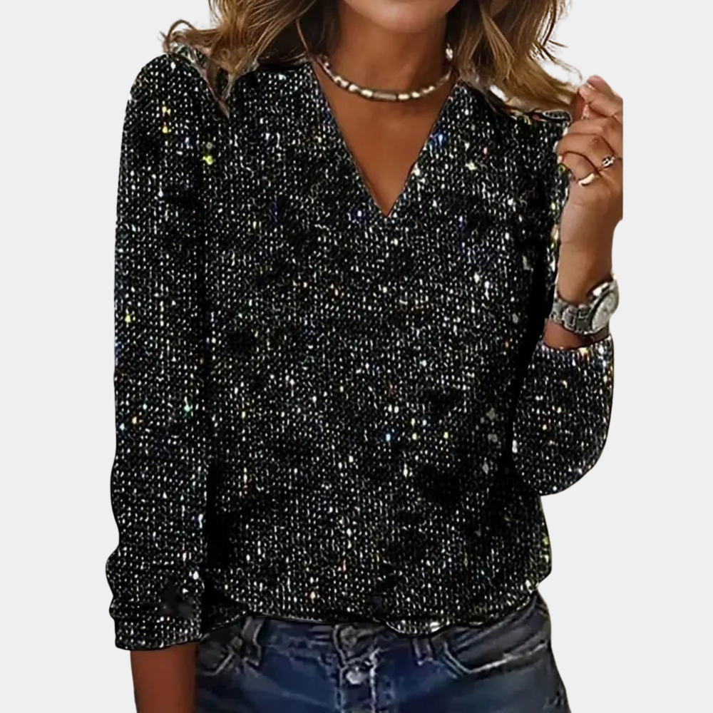 Women's V-Neck Sequin Blouse – Glitter Sparkly Party Blouse