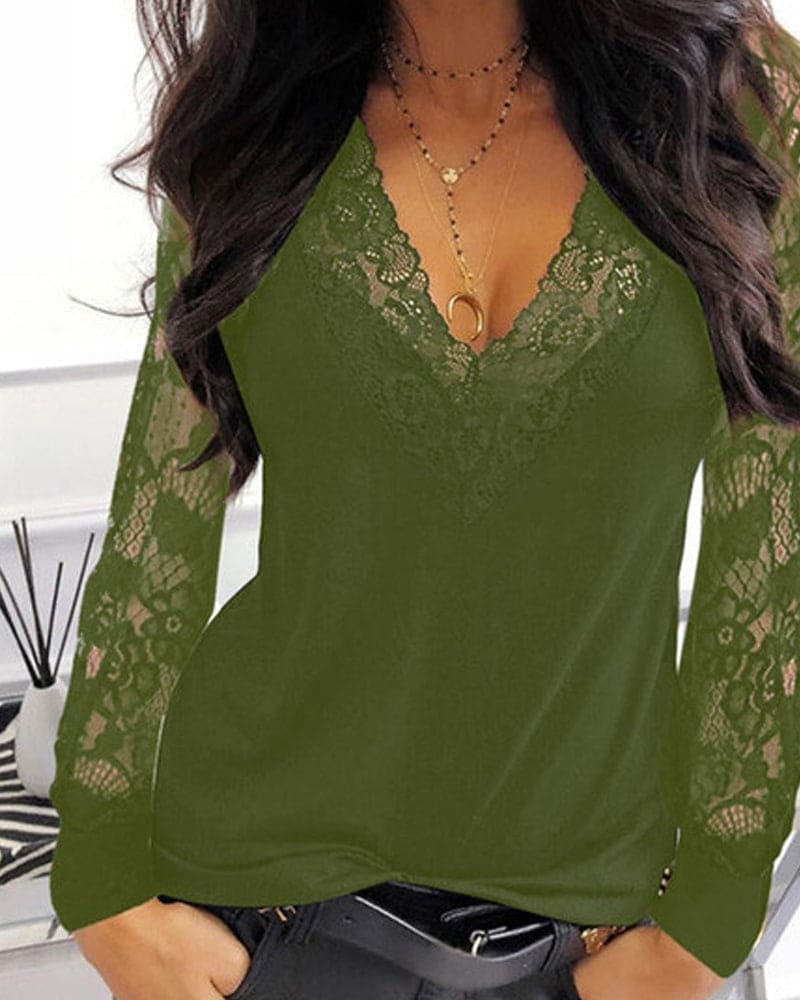 Women's Lace Sleeve Blouse – V-Neck Lace Detail Blouse