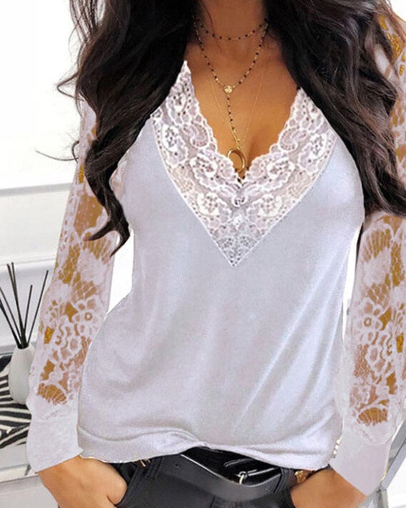 Women's Lace Sleeve Blouse – V-Neck Lace Detail Blouse