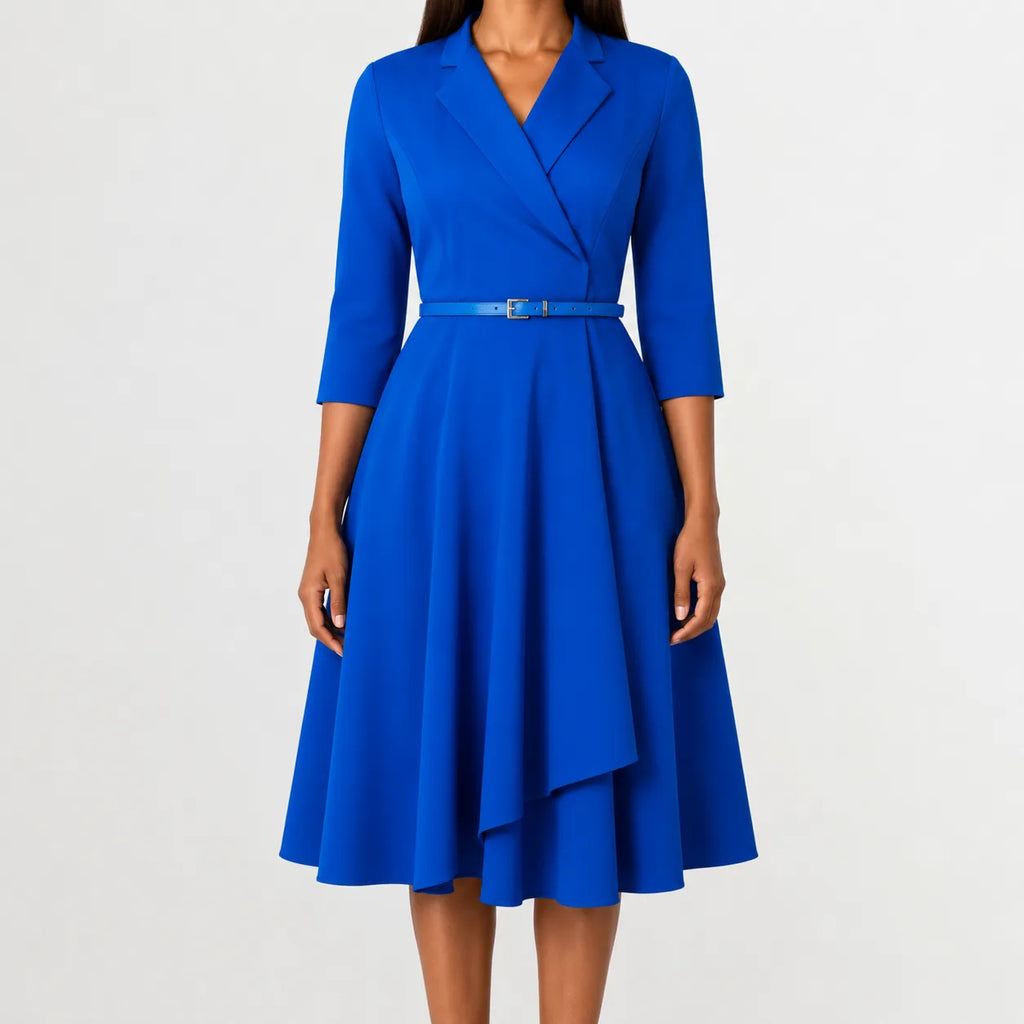 Women's V-Neck Belted A-Line Dress – Three Quarter Sleeve Casual Dress