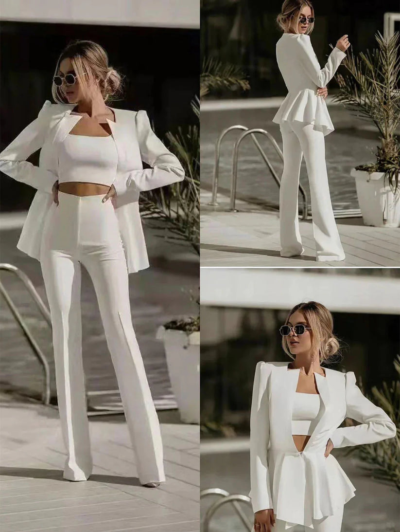 Women's Three Piece Blazer Set – Tailored Blazer Crop Top and Pants Set