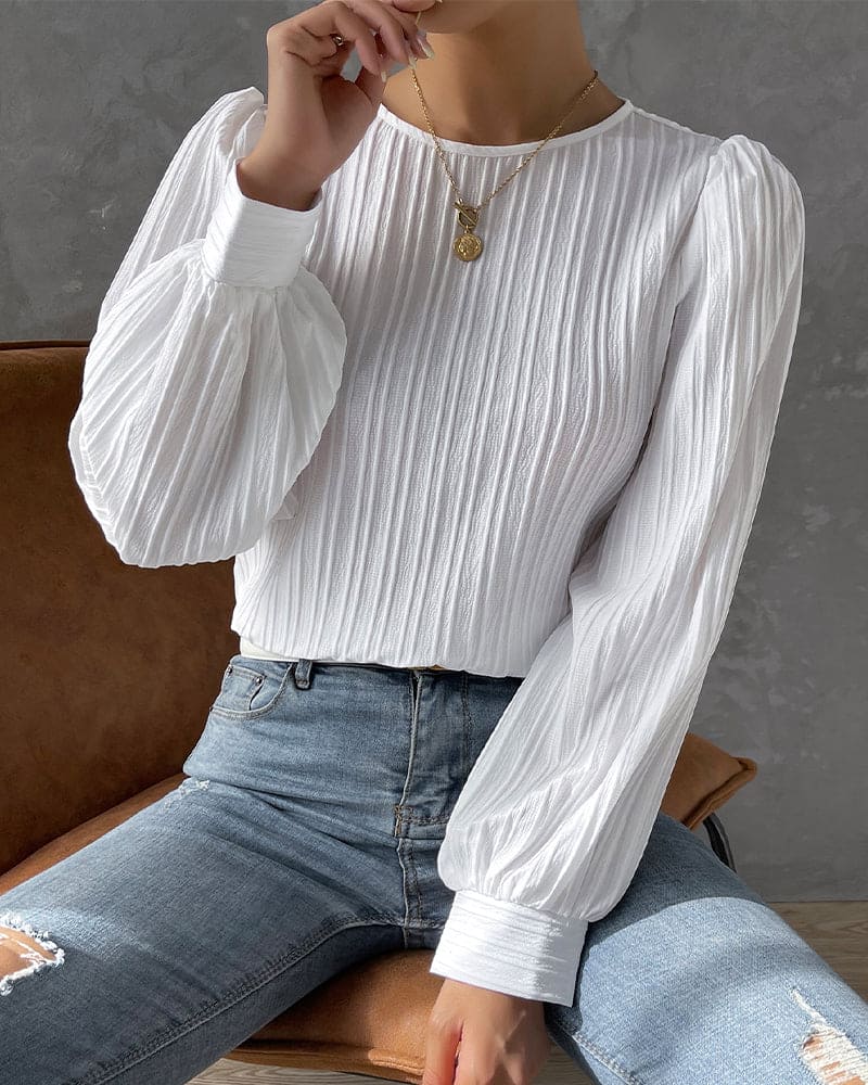 Women's Lantern Sleeve Blouse – Round Neck Casual Everyday Blouse