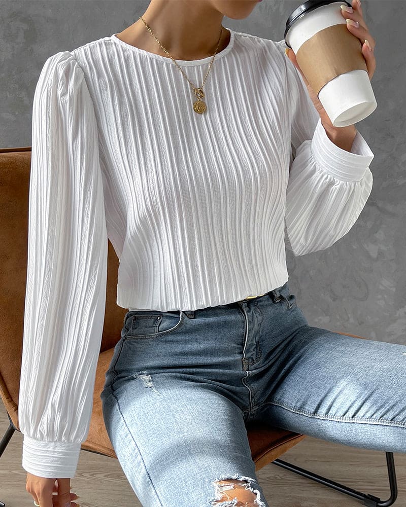 Women's Lantern Sleeve Blouse – Round Neck Casual Everyday Blouse