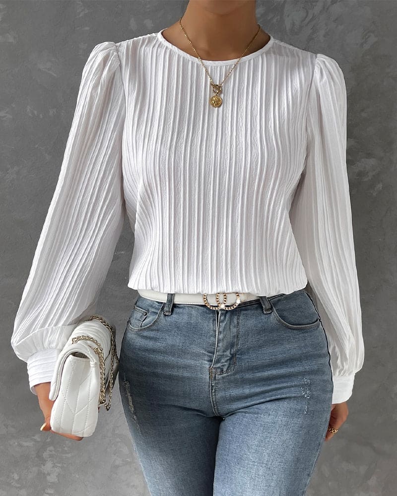Women's Lantern Sleeve Blouse – Round Neck Casual Everyday Blouse