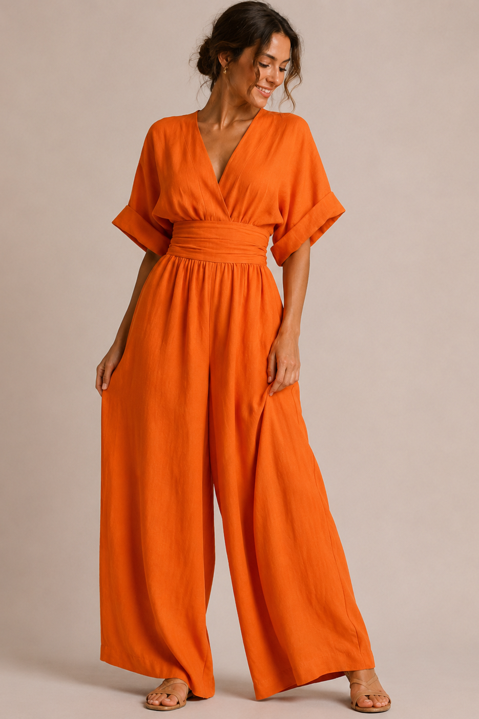 Women's Wide Leg Jumpsuit – Three-Quarter Sleeve Jumpsuit