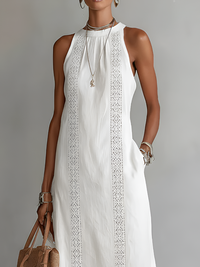 Women's High Neck Midi Dress – Sleeveless Flowy Pocket Occasion Dress