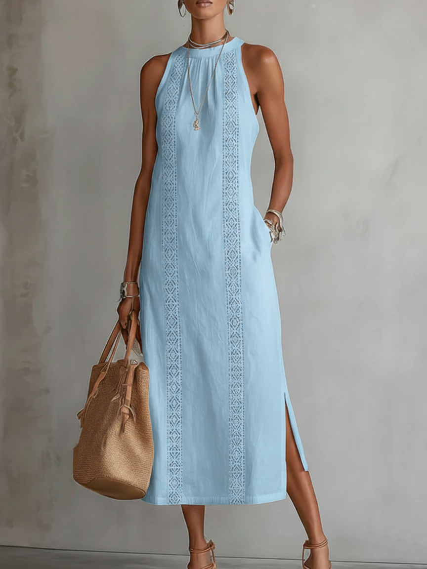Women's High Neck Midi Dress – Sleeveless Flowy Pocket Occasion Dress