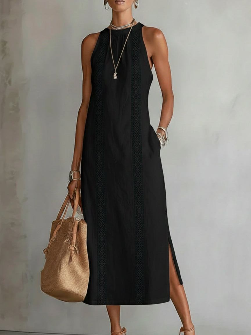 Women's High Neck Midi Dress – Sleeveless Flowy Pocket Occasion Dress