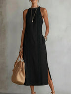Women's High Neck Midi Dress – Sleeveless Flowy Pocket Occasion Dress