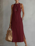 Women's High Neck Midi Dress – Sleeveless Flowy Pocket Occasion Dress