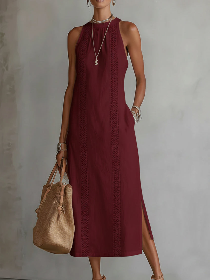 Women's High Neck Midi Dress – Sleeveless Flowy Pocket Occasion Dress