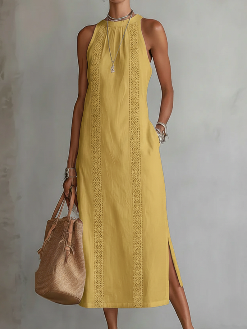 Women's High Neck Midi Dress – Sleeveless Flowy Pocket Occasion Dress