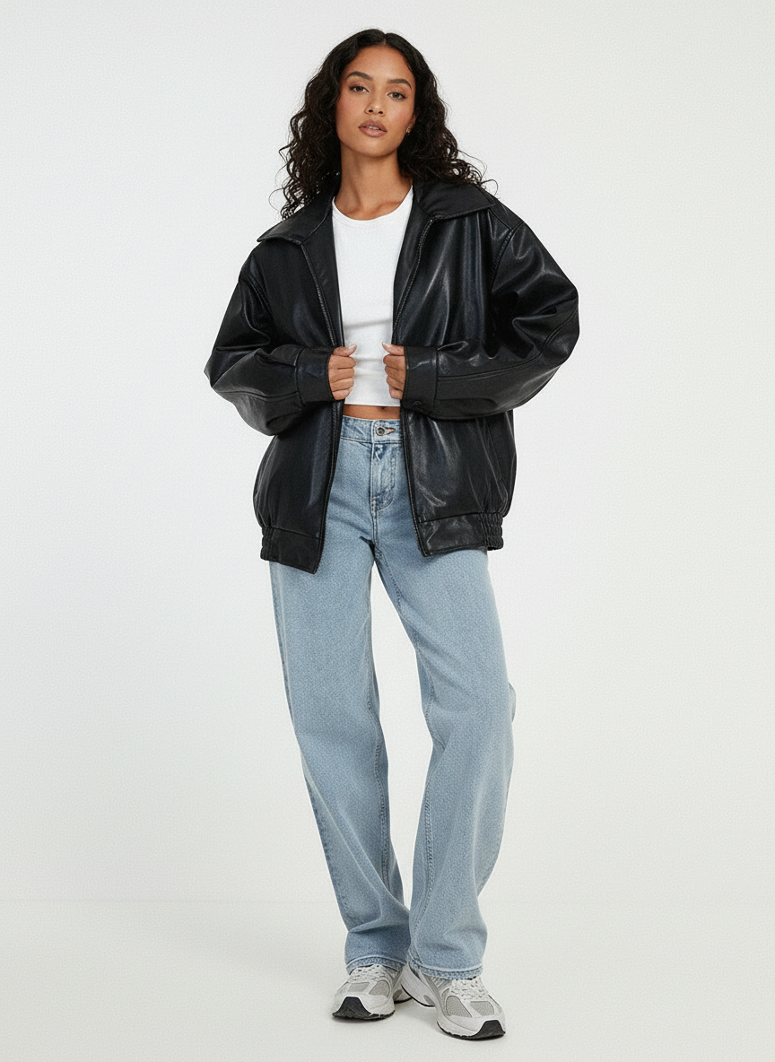 Women's Oversized Jacket – Wide Collar Zip-Up Jacket