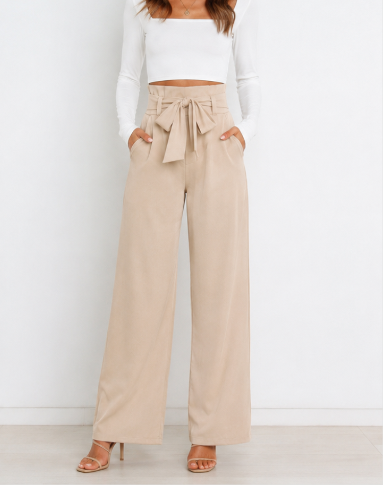 Women's High Waist Paperbag Pants – Bow Waist Wide Leg Trousers