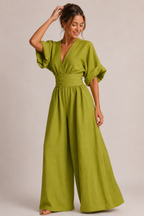 Women's Wide Leg Jumpsuit – Three-Quarter Sleeve Jumpsuit