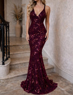 Women's Sequin V-Neck Evening Dress – Spaghetti Strap Open Back Formal Dress