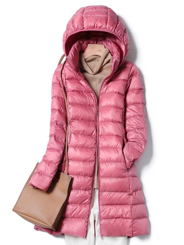 Women's Longline Puffer Coat – Lightweight Removable Hood Jacket