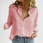 Women's Button Blouse with V Neckline and Roll-Up Sleeves