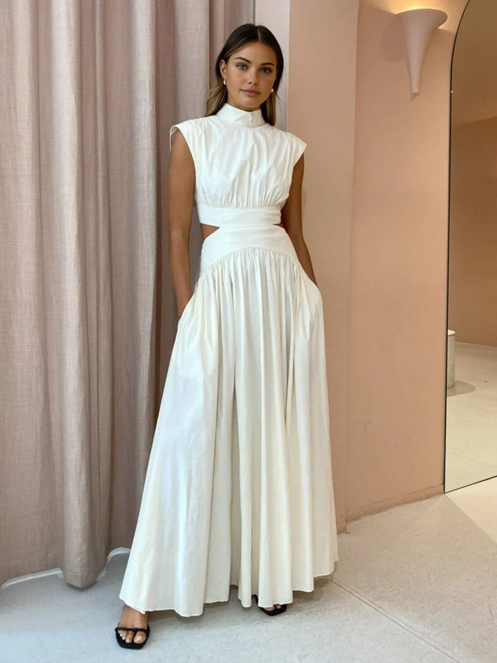 Women's Mock Neck Maxi Dress – Sleeveless Cutout Evening Dress