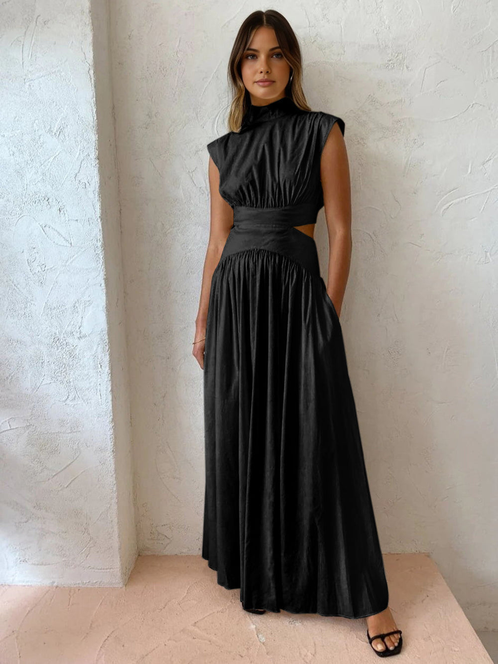 Women's Mock Neck Maxi Dress – Sleeveless Cutout Evening Dress