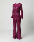 Women's Sequin Cocktail Jumpsuit – Fitted Long Sleeve Party Jumpsuit