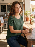 Women's Button Blouse with Round Neckline and Relaxed Fit