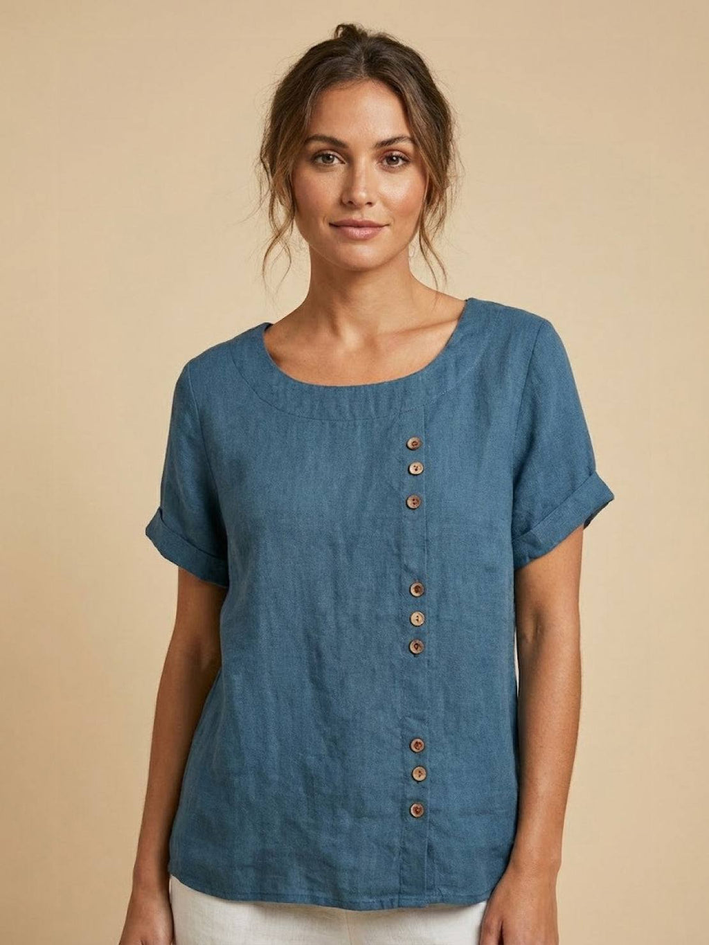 Women's Button Blouse with Round Neckline and Relaxed Fit