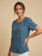 Women's Button Blouse with Round Neckline and Relaxed Fit