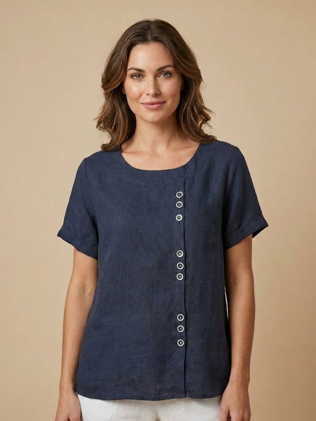 Women's Button Blouse with Round Neckline and Relaxed Fit