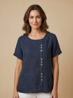 Women's Button Blouse with Round Neckline and Relaxed Fit