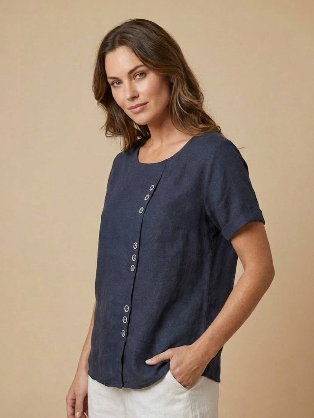 Women's Button Blouse with Round Neckline and Relaxed Fit