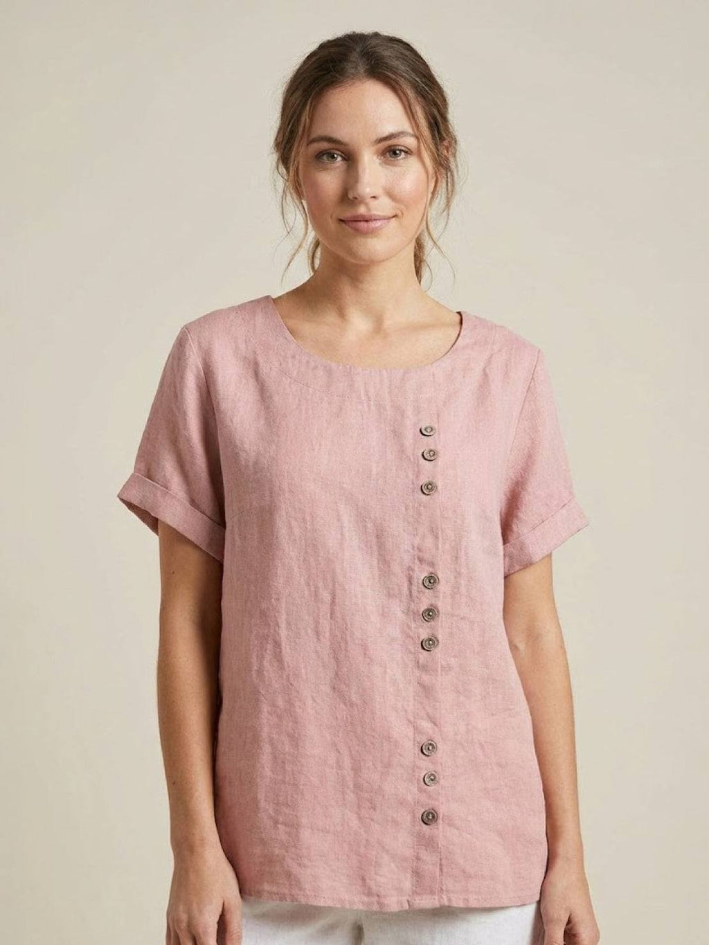 Women's Button Blouse with Round Neckline and Relaxed Fit