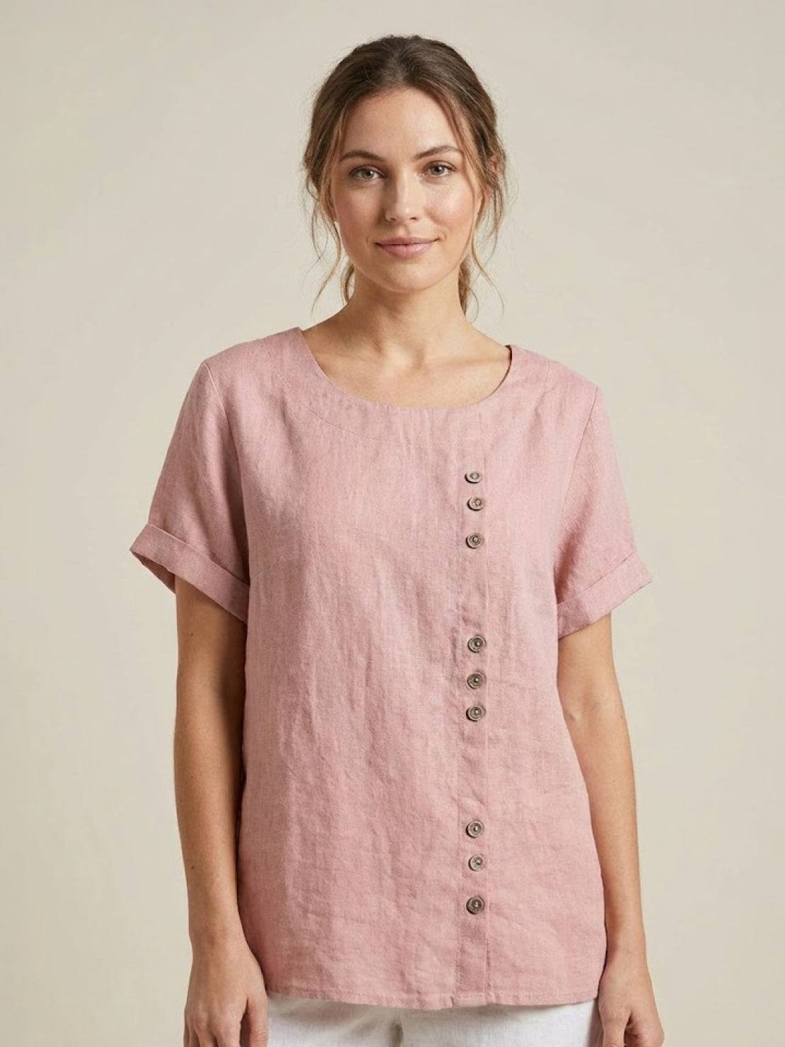 Women's Button Blouse with Round Neckline and Relaxed Fit