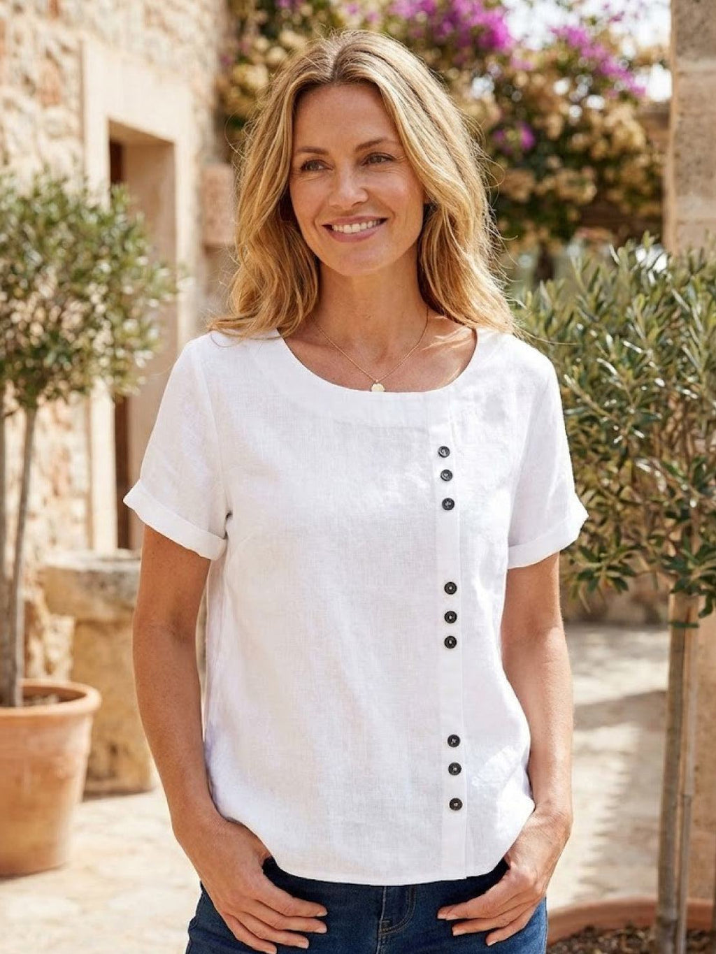 Women's Button Blouse with Round Neckline and Relaxed Fit