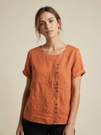 Women's Button Blouse with Round Neckline and Relaxed Fit