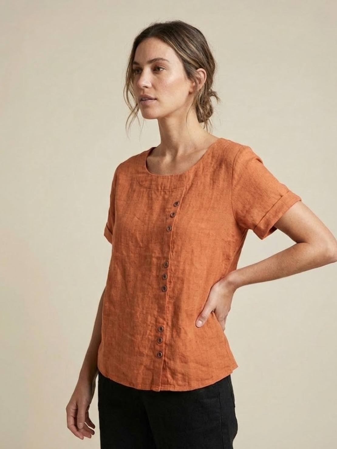 Women's Button Blouse with Round Neckline and Relaxed Fit