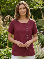Women's Button Blouse with Round Neckline and Relaxed Fit